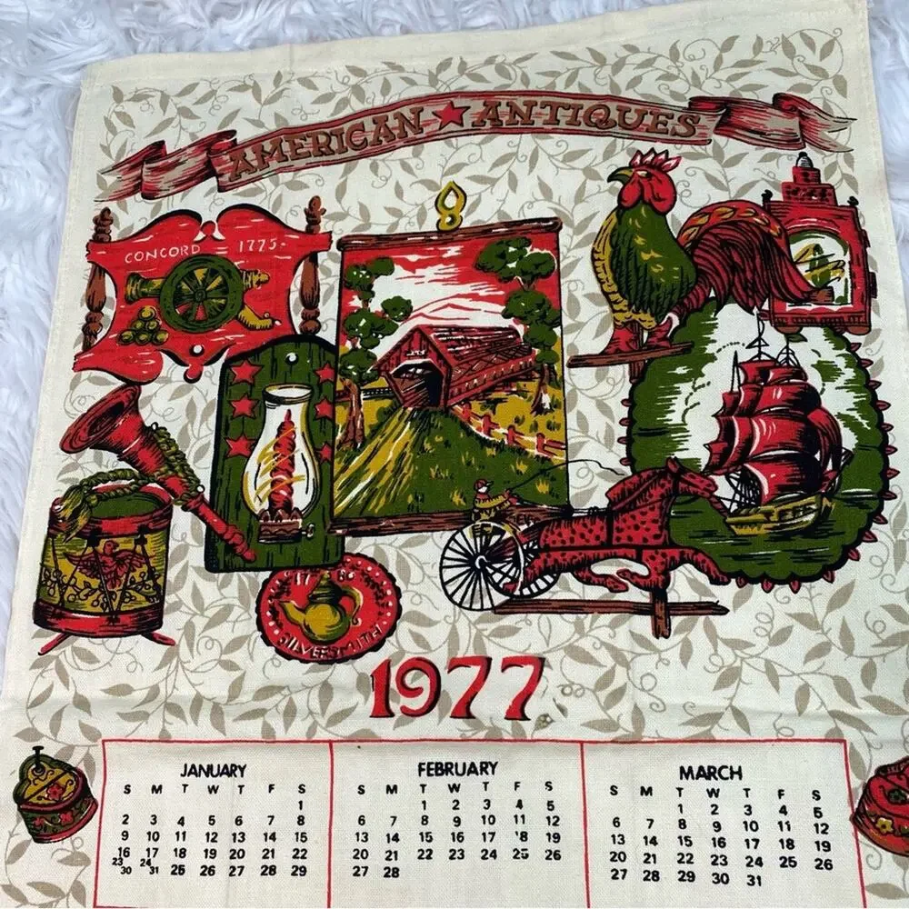 1977 Vintage Cloth Wall Calendar Beige Cottagecore Folk Art